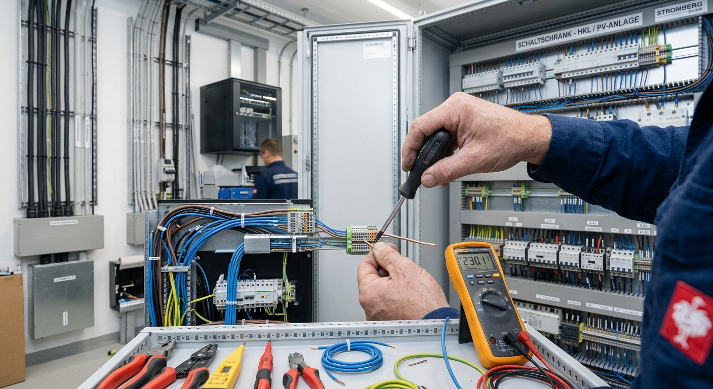 Elektriker bei der fachgerechten Arbeit mit Werkzeug und Elektroinstallation