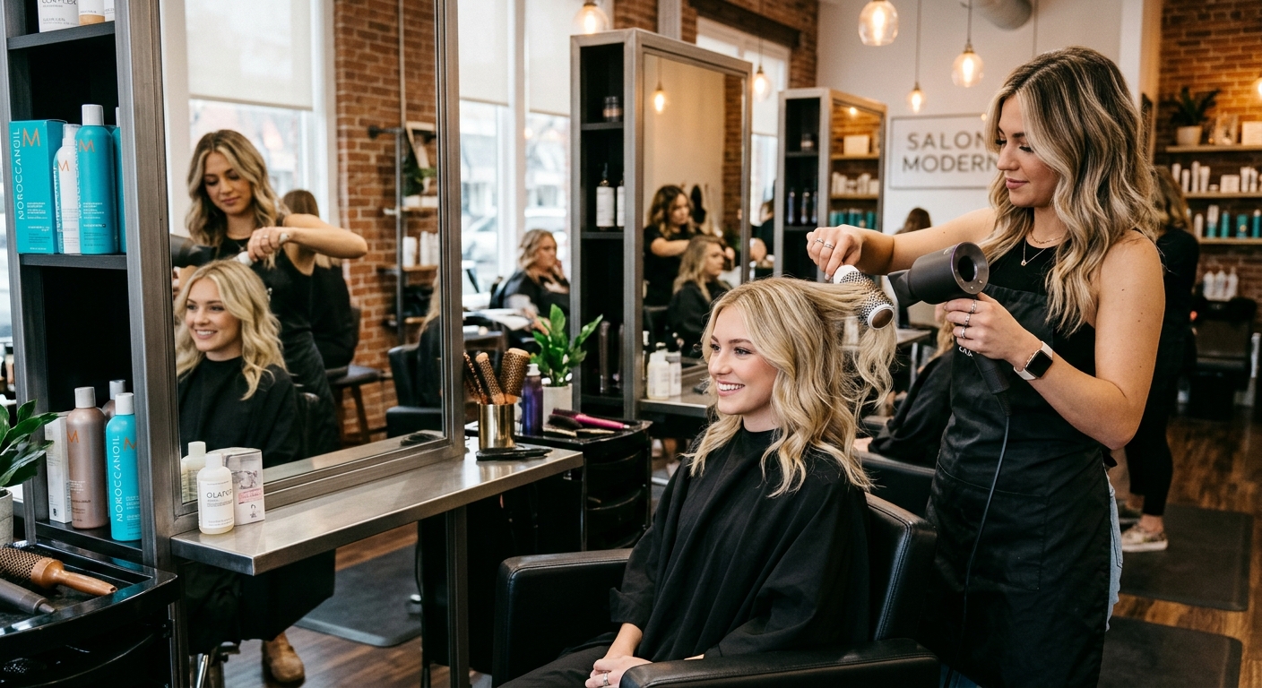 Friseurin stylt die Haare einer Kundin in einem modernen Salon