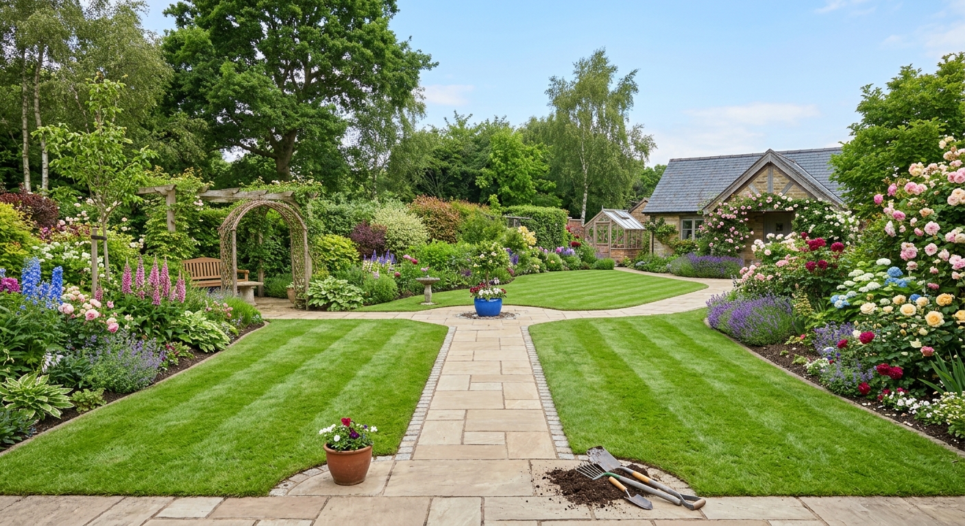 Neu angelegter Garten mit Pflanzen und Rasen