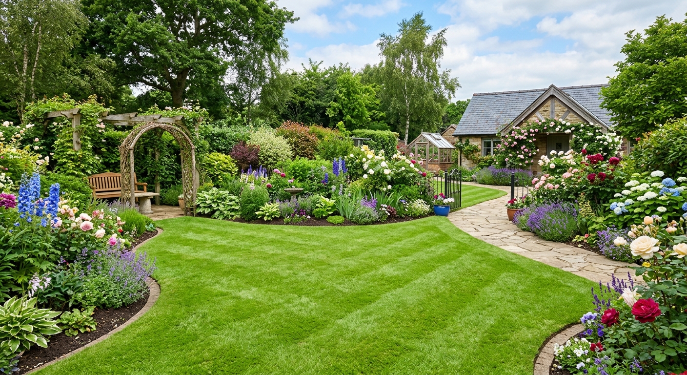 Gepflegter Garten mit Rasen, Pflanzen und Beeten