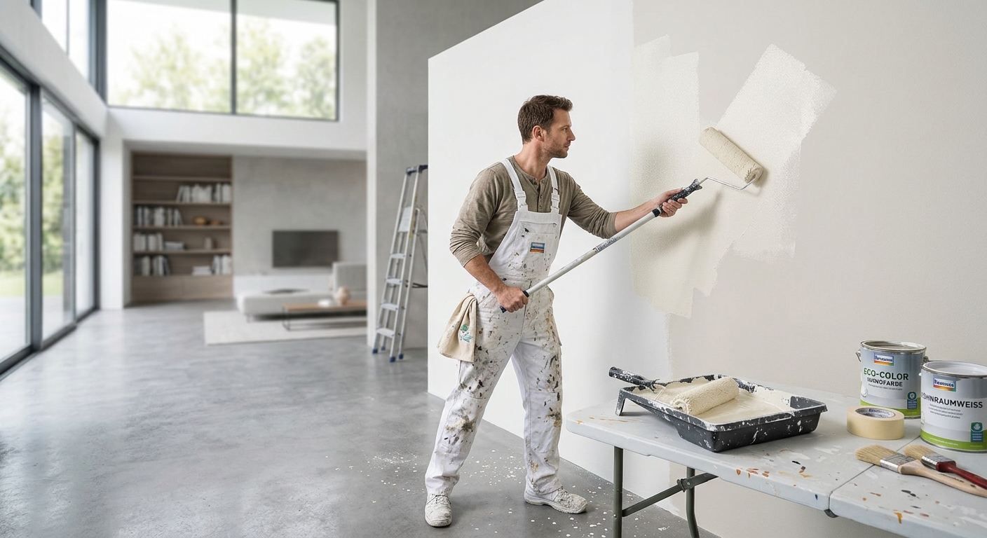 Maler streicht eine Wand mit Farbrolle in einem modernen Raum